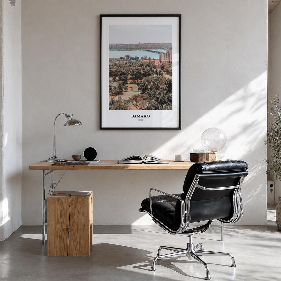 Bamako colorful classic poster of Mali – vertical wall art in black wood frame, hanging on wall