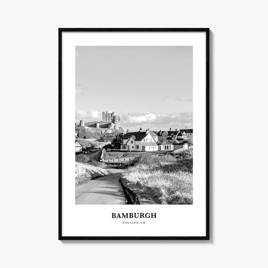 Bamburgh black & white classic poster of United Kingdom – vertical wall art, unframed print shown in interior mockup