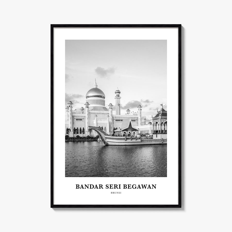 Bandar Seri Begawan black & white classic poster of Brunei – vertical wall art, unframed print shown in interior mockup