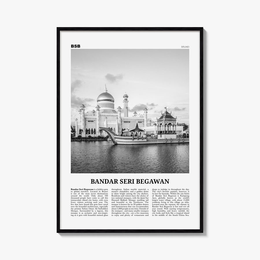 Bandar Seri Begawan black & white newspaper poster of Brunei – vertical wall art, unframed print shown in interior mockup