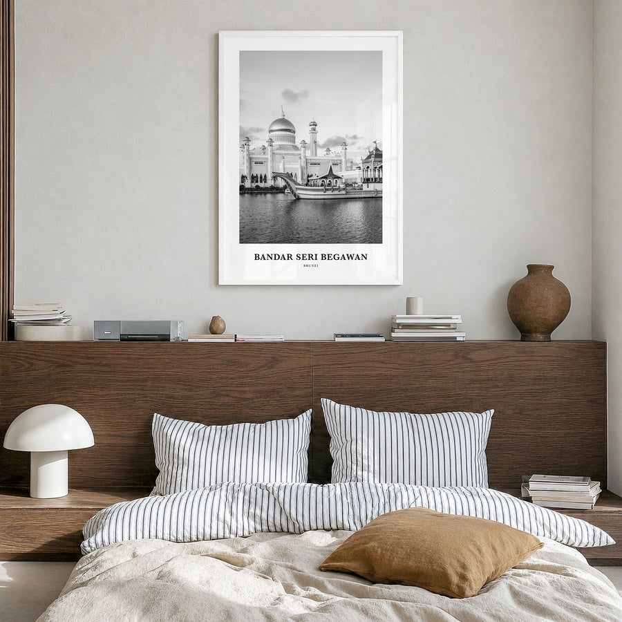 Bandar Seri Begawan Classic Poster in a white wood frame, hanging in a bedroom