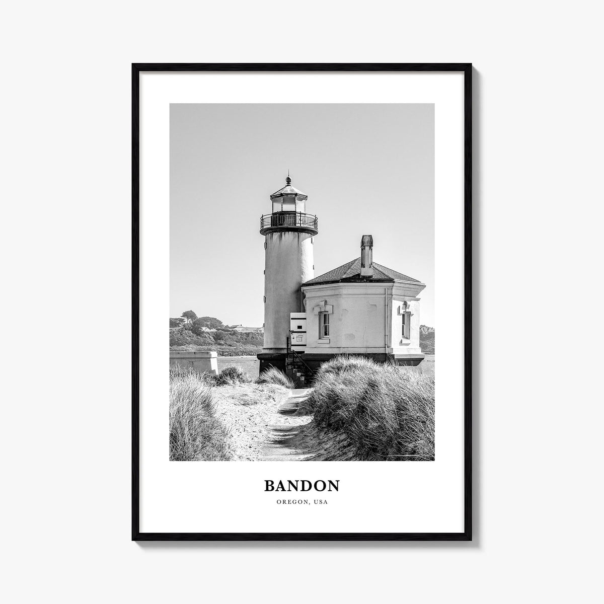 Bandon black & white classic poster of Oregon, USA – vertical wall art, unframed print shown in interior mockup
