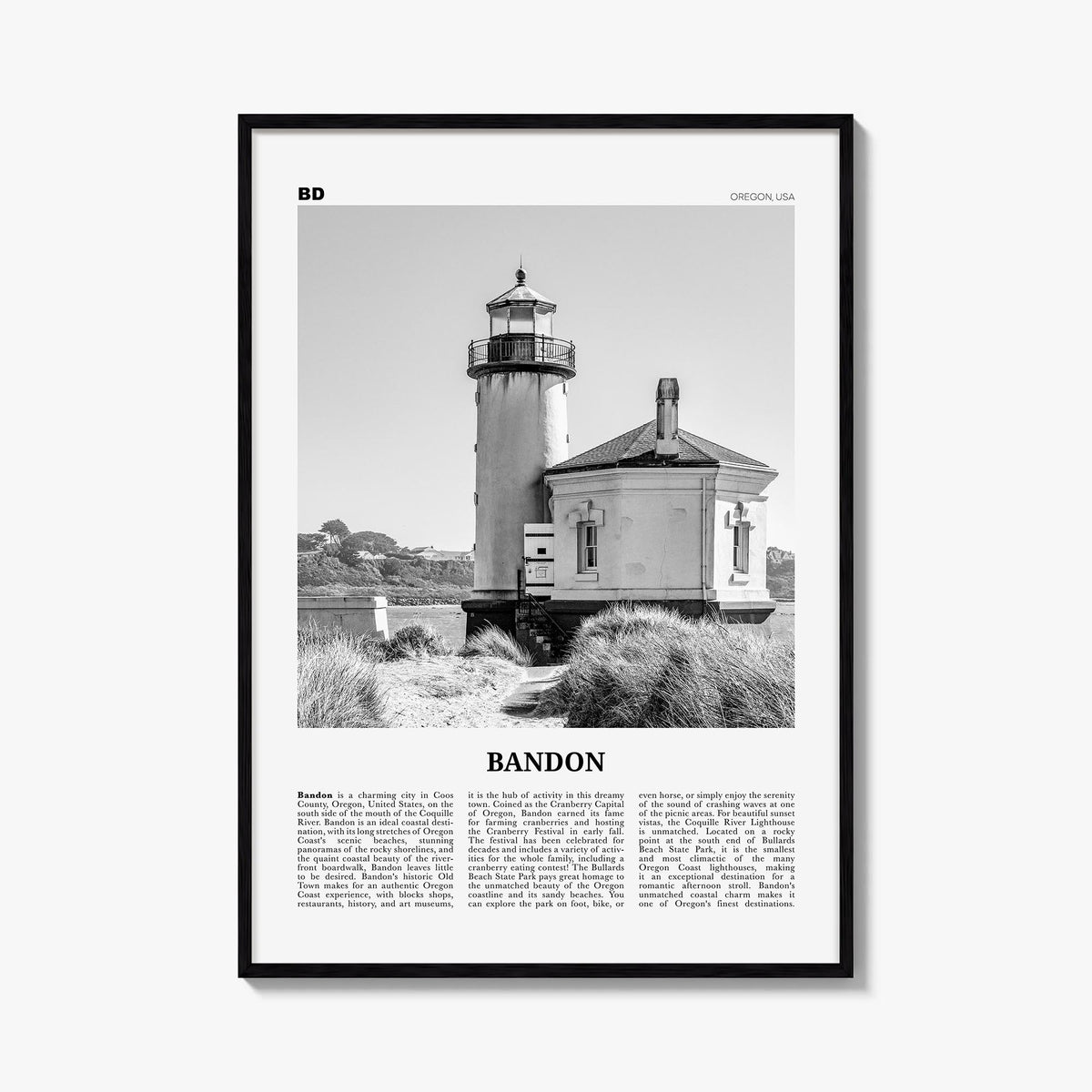 Bandon black & white newspaper poster of Oregon, USA – vertical wall art, unframed print shown in interior mockup