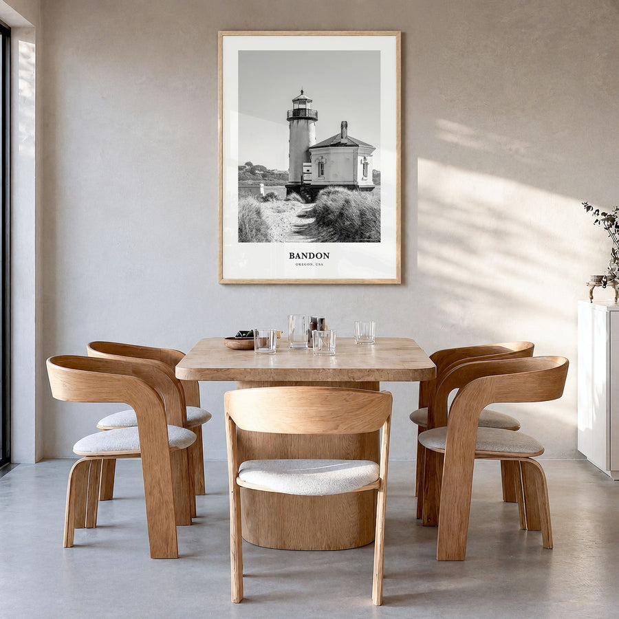 Bandon Classic Poster in a natural wood frame, hanging in a dining room