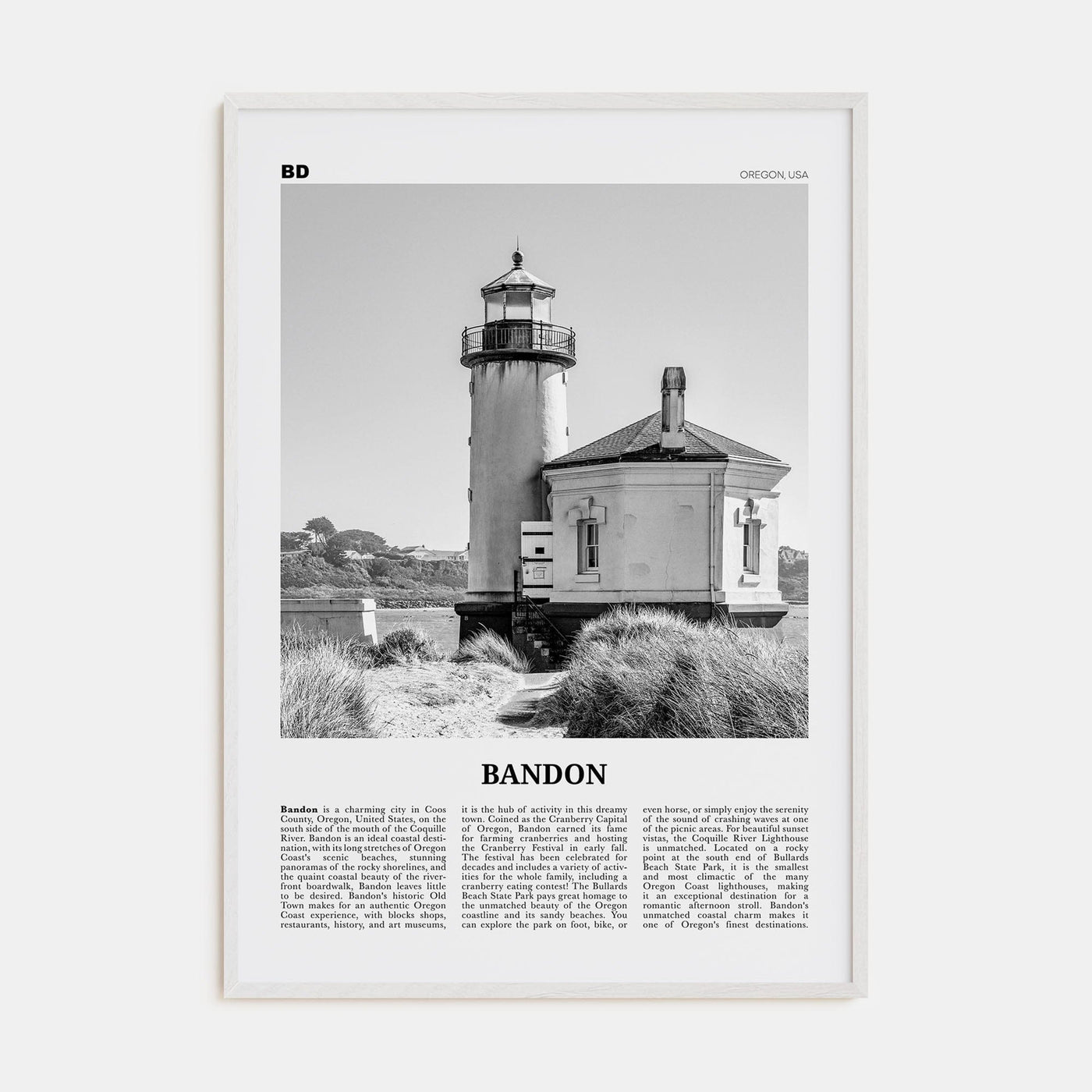 Bandon Poster White Wood / 8x12 in Nbourhood Travel B&W Poster