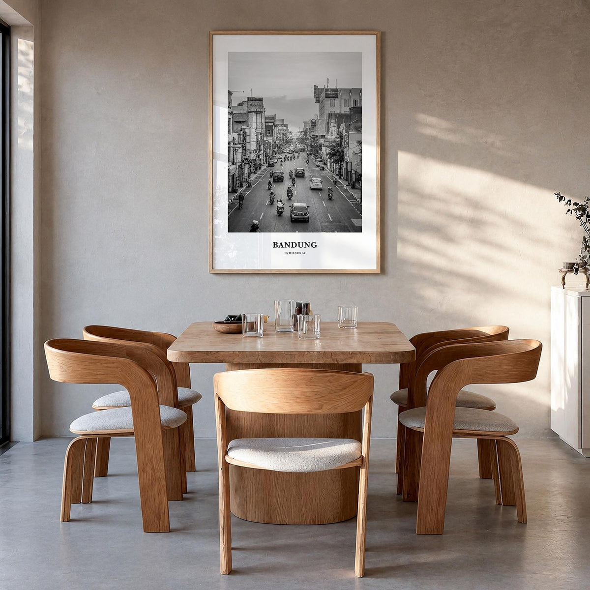 Bandung black & white classic poster of Indonesia – vertical wall art in natural wood frame, hanging on wall