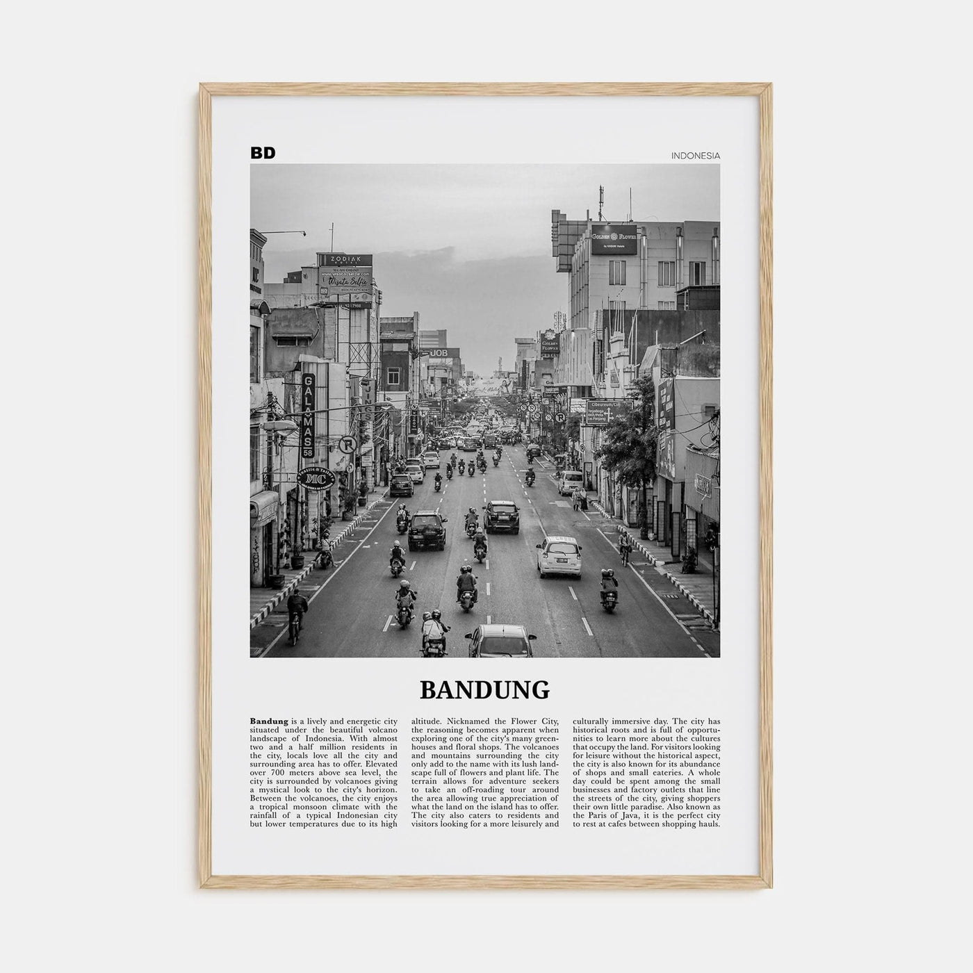 Bandung Poster Natural Wood / 8x12 in Nbourhood Travel B&W Poster