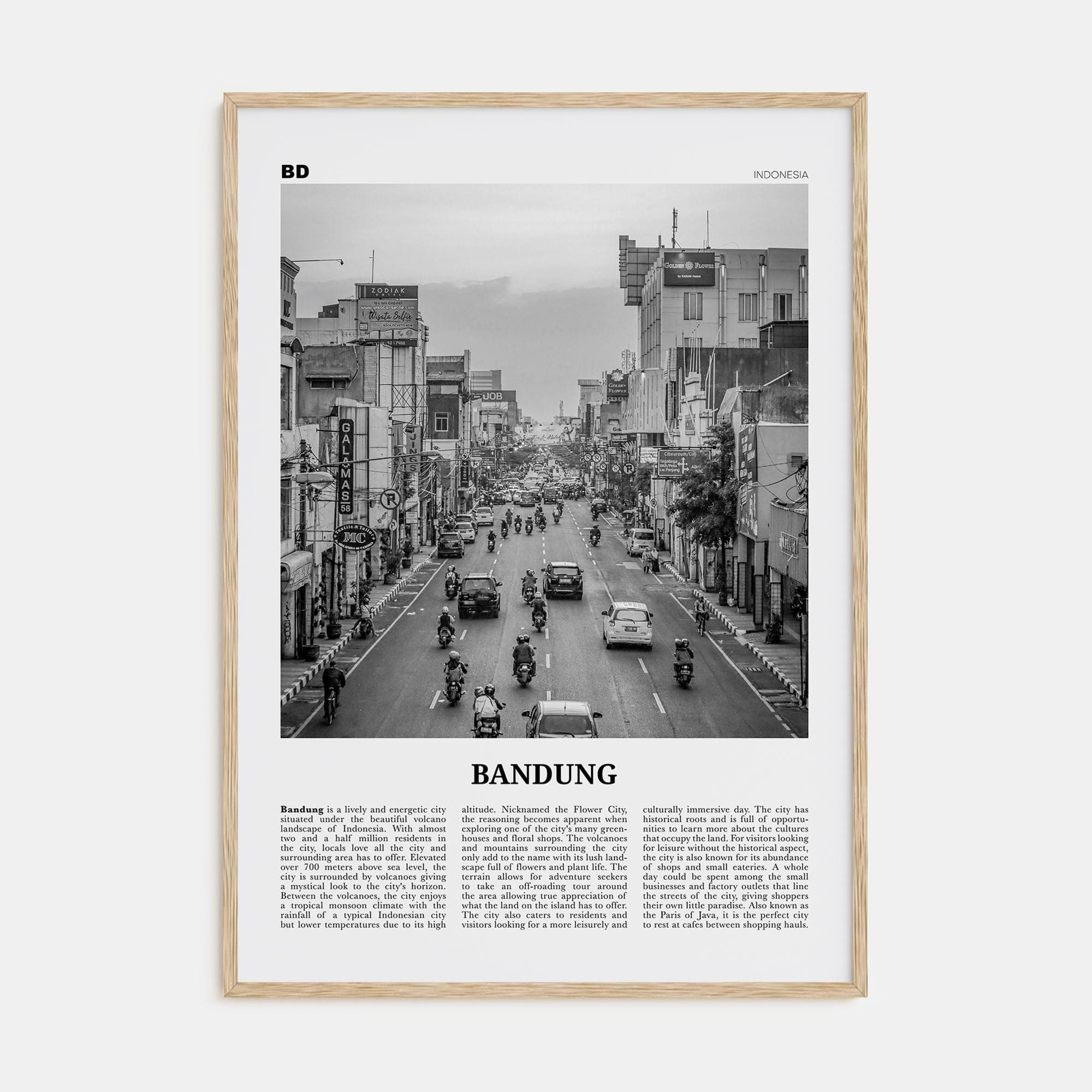 Bandung Poster Natural Wood / 8x12 in Nbourhood Travel B&W Poster