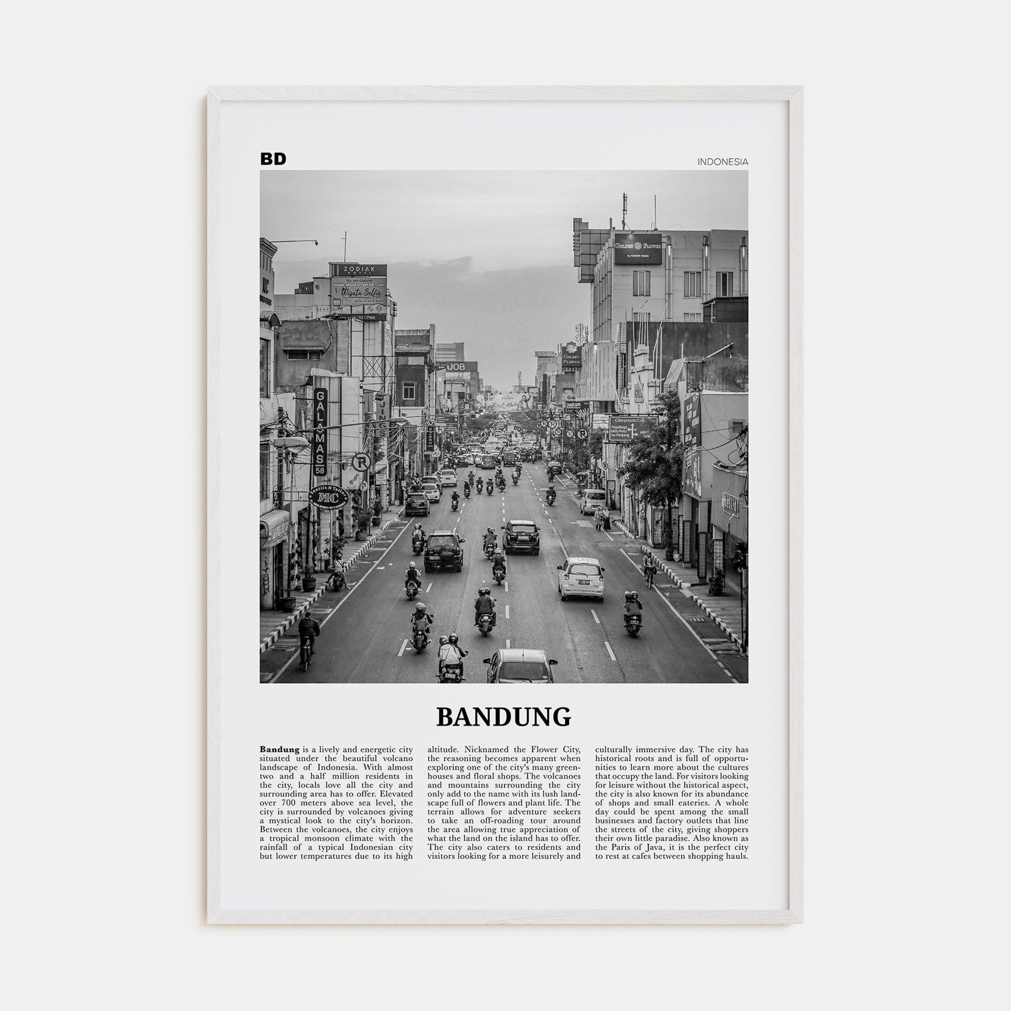 Bandung Poster White Wood / 8x12 in Nbourhood Travel B&W Poster