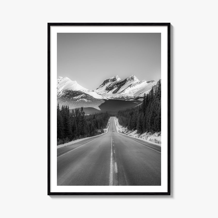 Banff black & white photo poster of Alberta, Canada – vertical wall art, unframed print shown in interior mockup