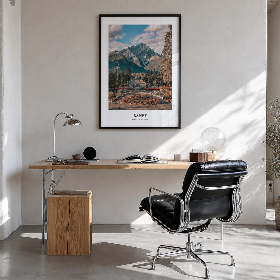 Banff colorful classic poster of Alberta, Canada – vertical wall art in black wood frame, hanging on wall