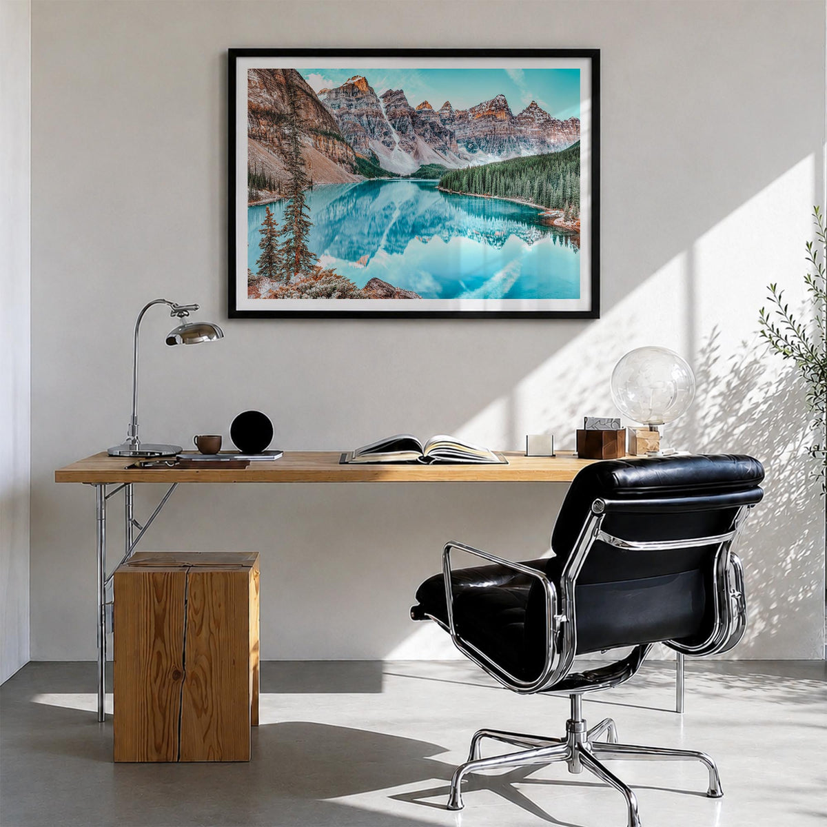 Banff colorful photo poster of Alberta, Canada – horizontal wall art in black wood frame with white border, hanging on wall