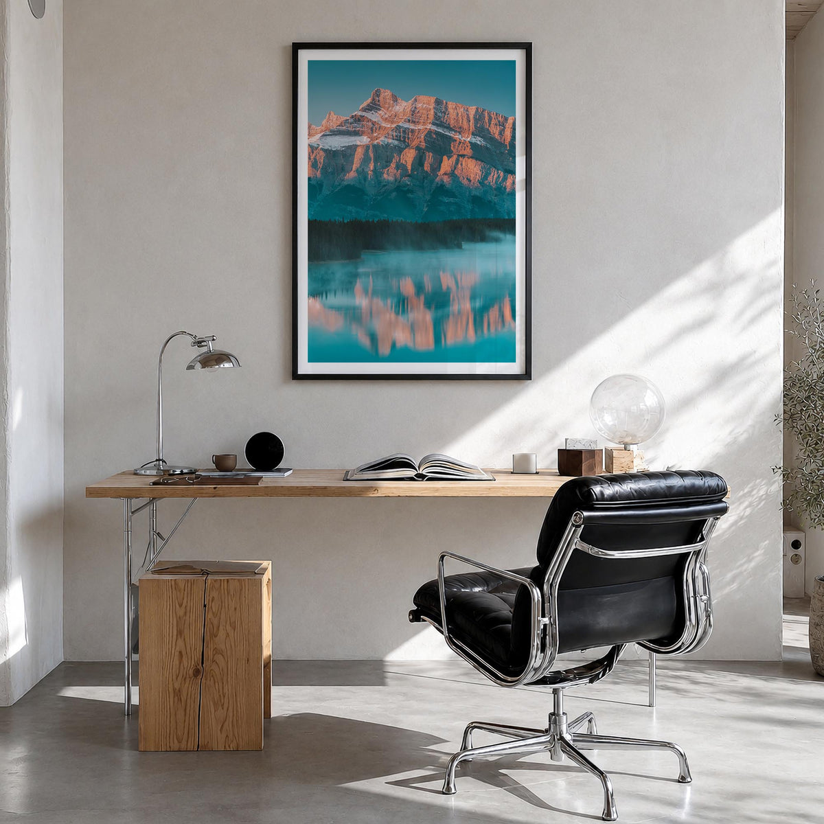 Banff colorful photo poster of Alberta, Canada – vertical wall art in black wood frame with white border, hanging on wall