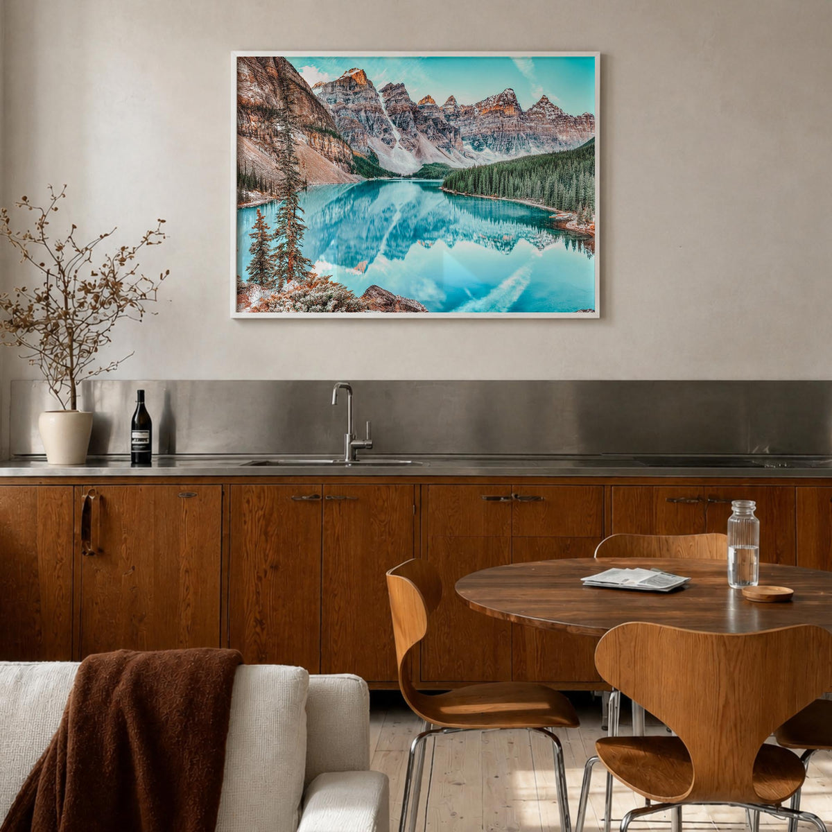 Banff colorful photo poster of Alberta, Canada – horizontal wall art in white wood frame, hanging on wall