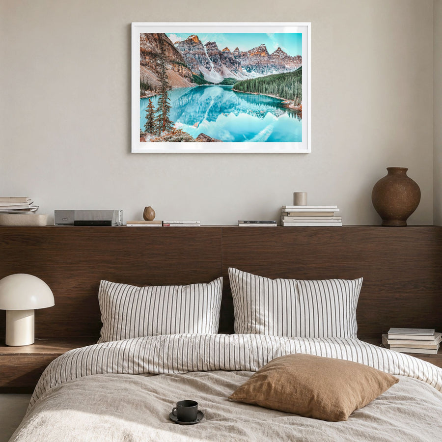 Banff Photo Poster in a white wood frame, hanging in a bedroom, white border