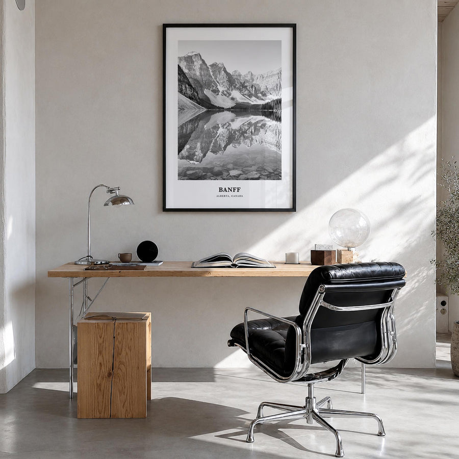 Banff no. 1 black & white classic poster of Alberta, Canada – vertical wall art in black wood frame, hanging on wall