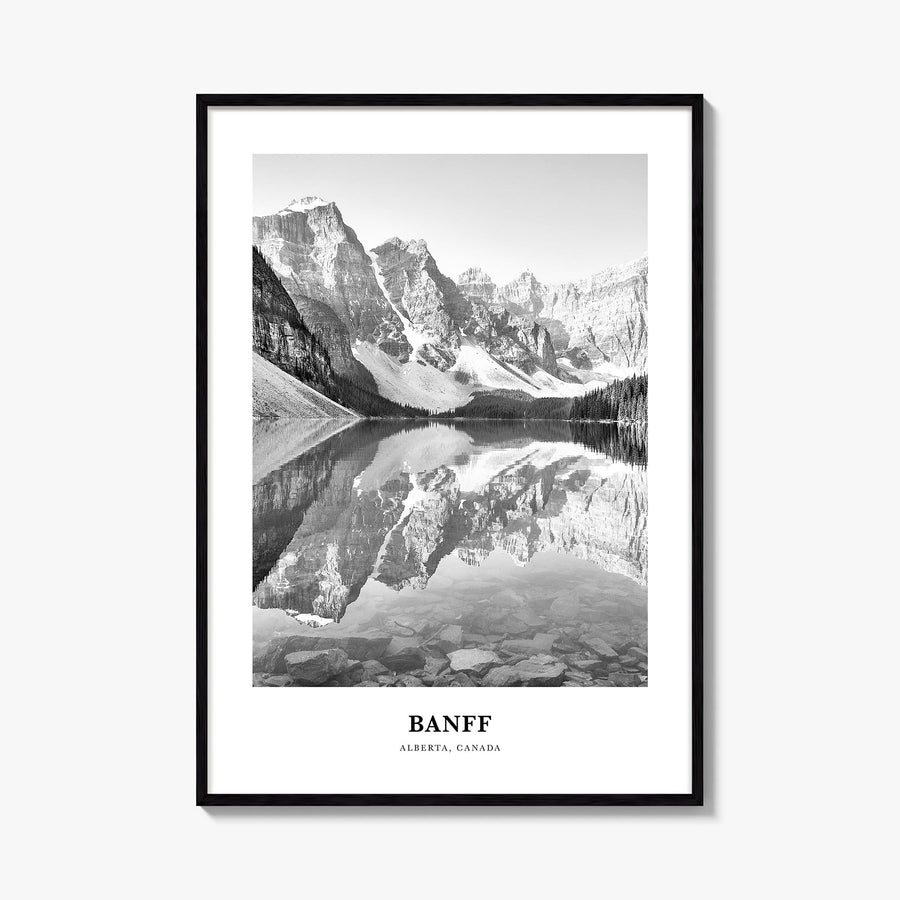 Banff no. 1 black & white classic poster of Alberta, Canada – vertical wall art, unframed print shown in interior mockup
