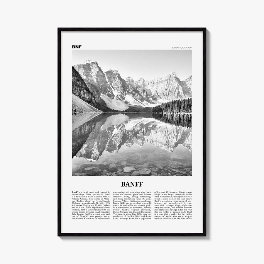 Banff no. 1 black & white newspaper poster of Alberta, Canada – vertical wall art, unframed print shown in interior mockup