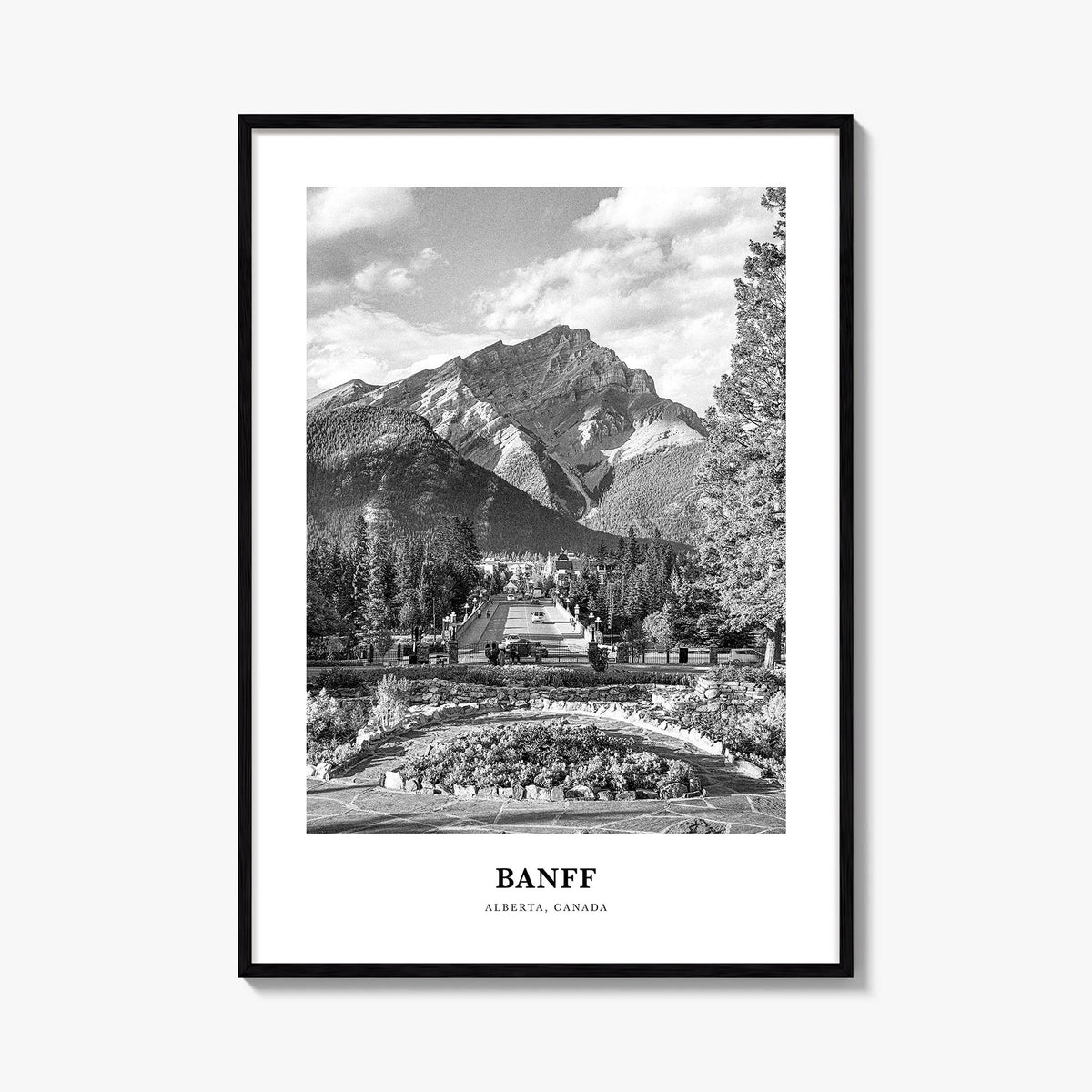 Banff no. 2 black & white classic poster of Alberta, Canada – vertical wall art, unframed print shown in interior mockup