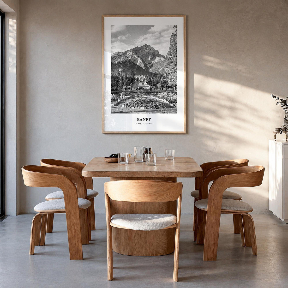 Banff no. 2 black & white classic poster of Alberta, Canada – vertical wall art in natural wood frame, hanging on wall