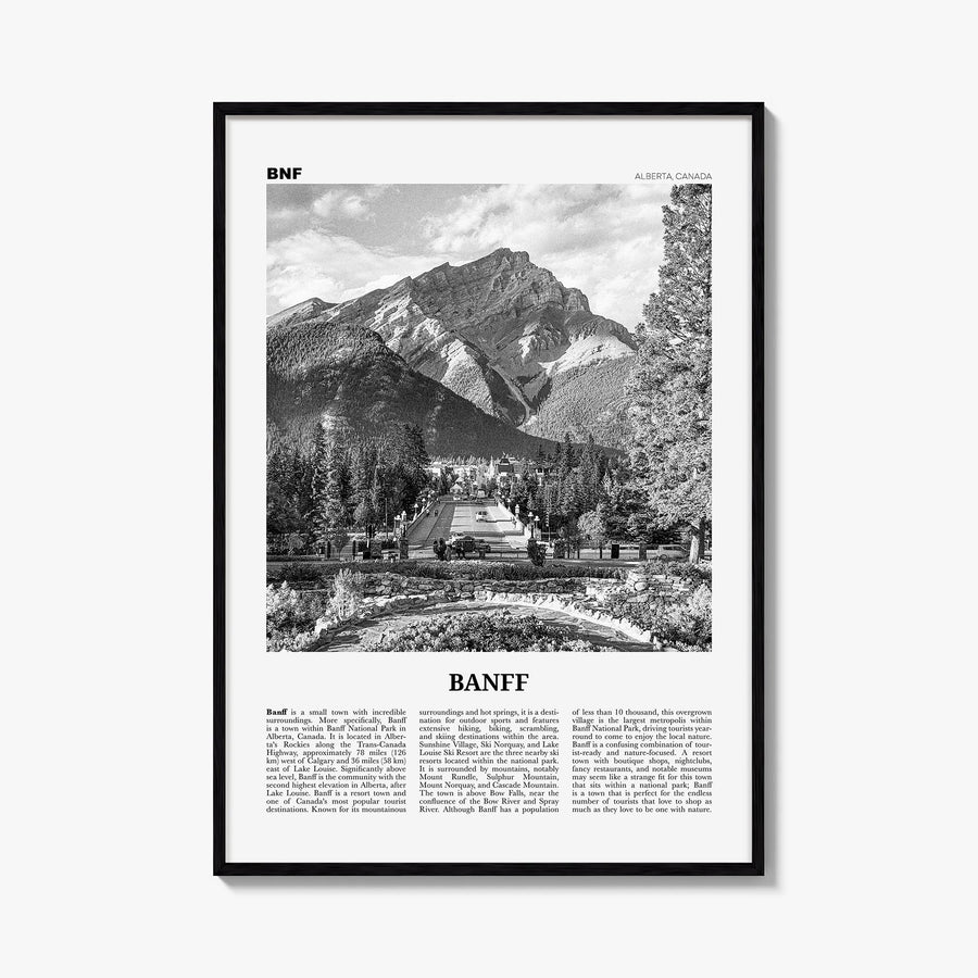 Banff no. 2 black & white newspaper poster of Alberta, Canada – vertical wall art, unframed print shown in interior mockup