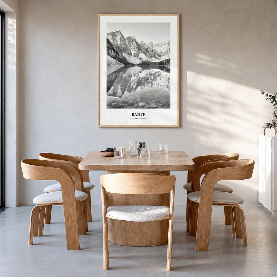 Banff Classic No 1 Poster in a natural wood frame, hanging in a dining room