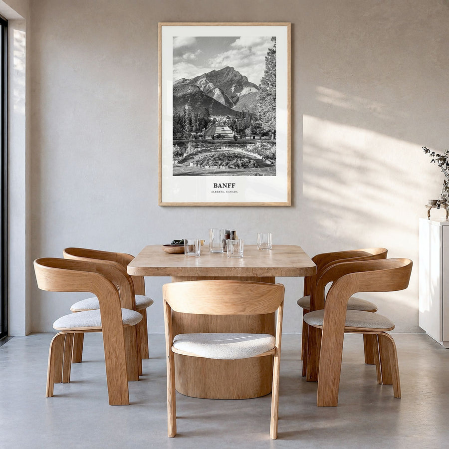Banff Classic No 2 Poster in a natural wood frame, hanging in a dining room
