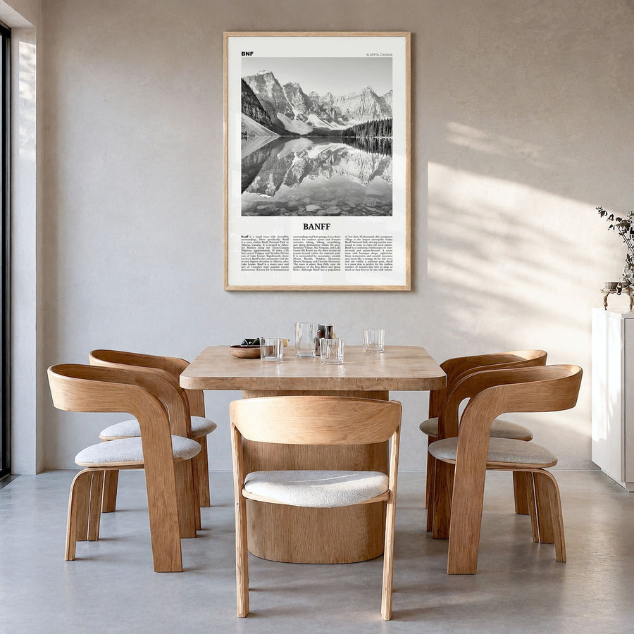 Banff Newspaper No 1 Poster in a natural wood frame, hanging in a dining room