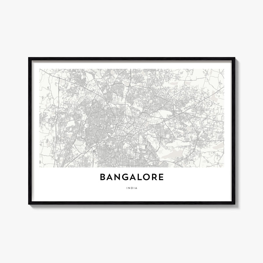 Bangalore black & white map poster of India – horizontal wall art, unframed print shown in interior mockup