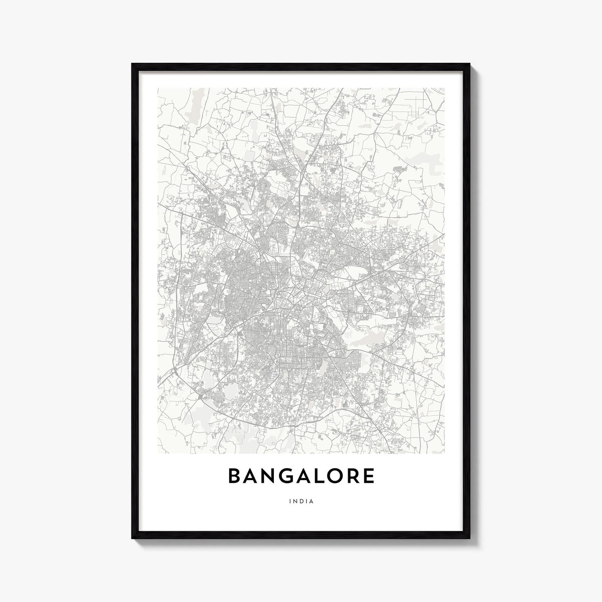 Bangalore black & white map poster of India – vertical wall art, unframed print shown in interior mockup