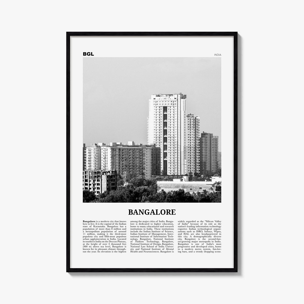 Bangalore black & white newspaper poster of India – vertical wall art, unframed print shown in interior mockup