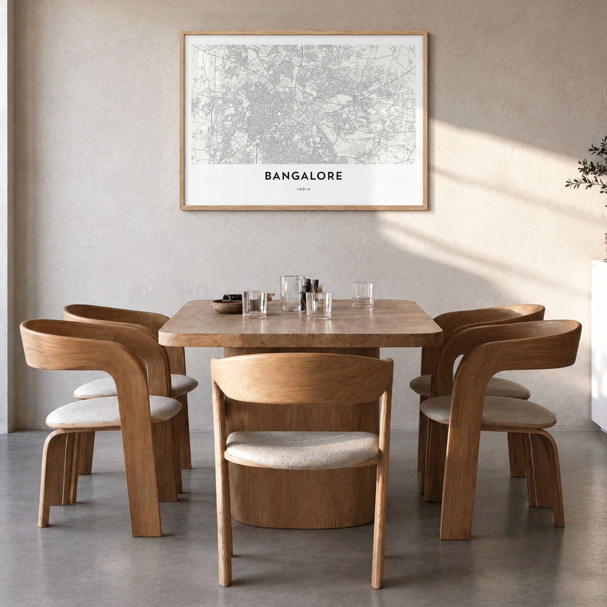 Bangalore Map Poster in a natural wood frame, hanging in a dining room