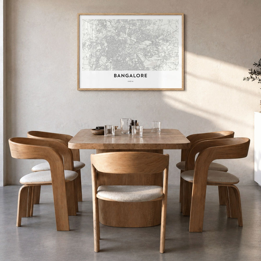 Bangalore Map Poster in a natural wood frame, hanging in a dining room