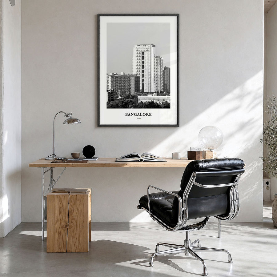 Bangalore Classic Poster in a black wood frame, hanging in a bright home office