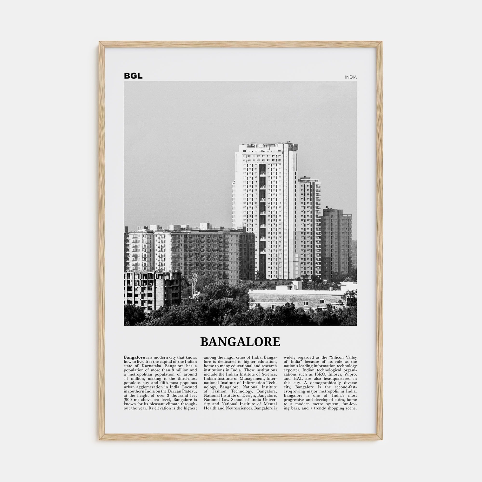 Bangalore Poster Natural Wood / 8x12 in Nbourhood Travel B&W Poster