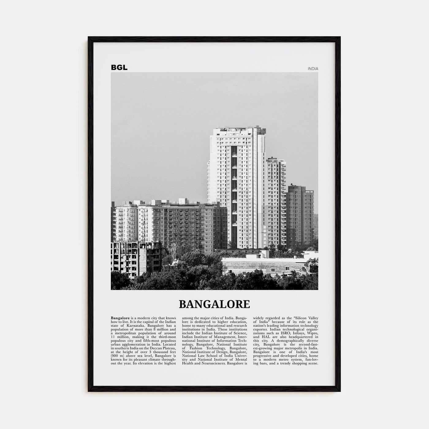 Bangalore Poster Black Wood / 8x12 in Nbourhood Travel B&W Poster