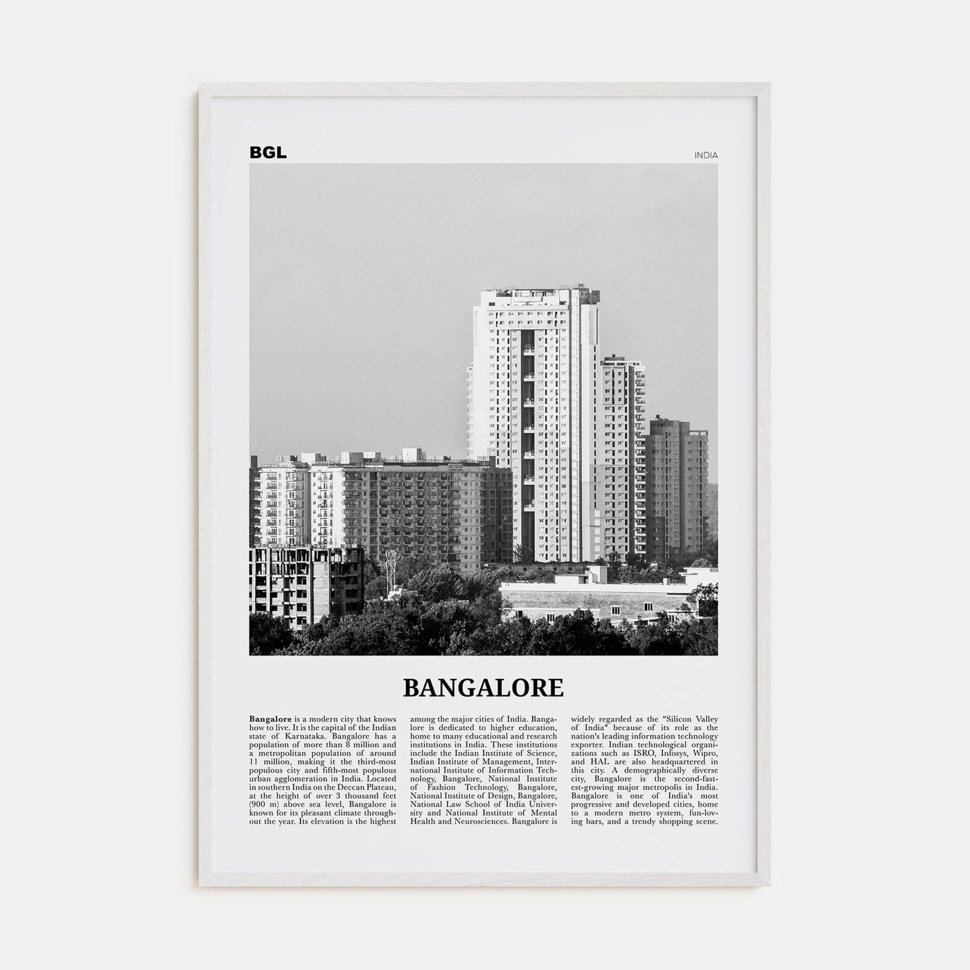 Bangalore Poster White Wood / 8x12 in Nbourhood Travel B&W Poster