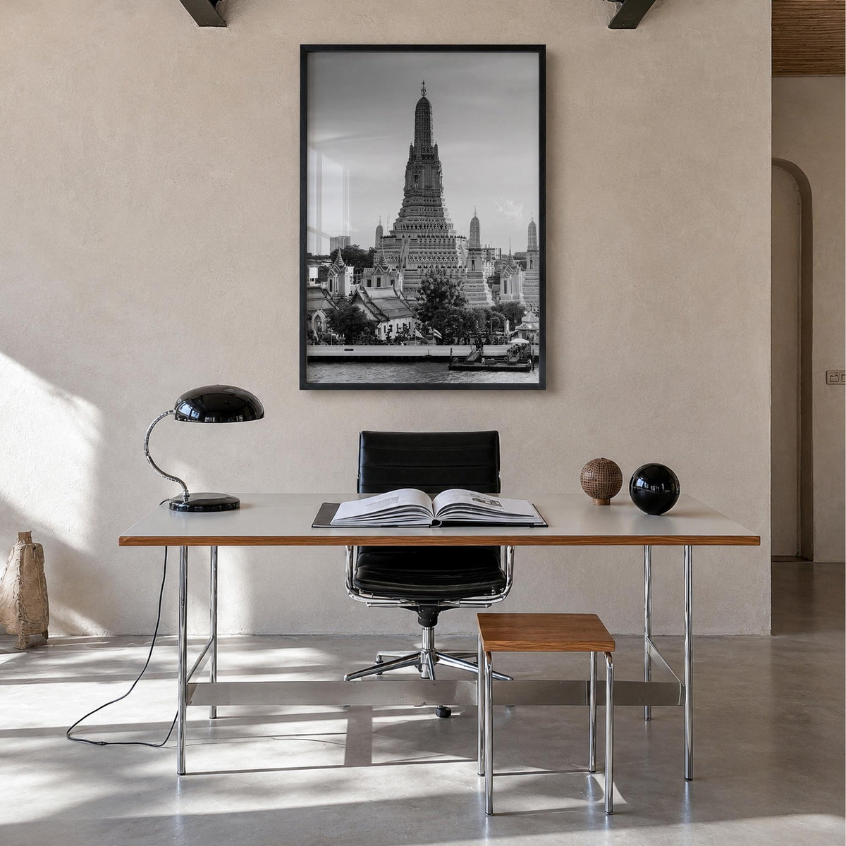Bangkok black & white photo poster of Thailand – vertical wall art in black wood frame, hanging on wall