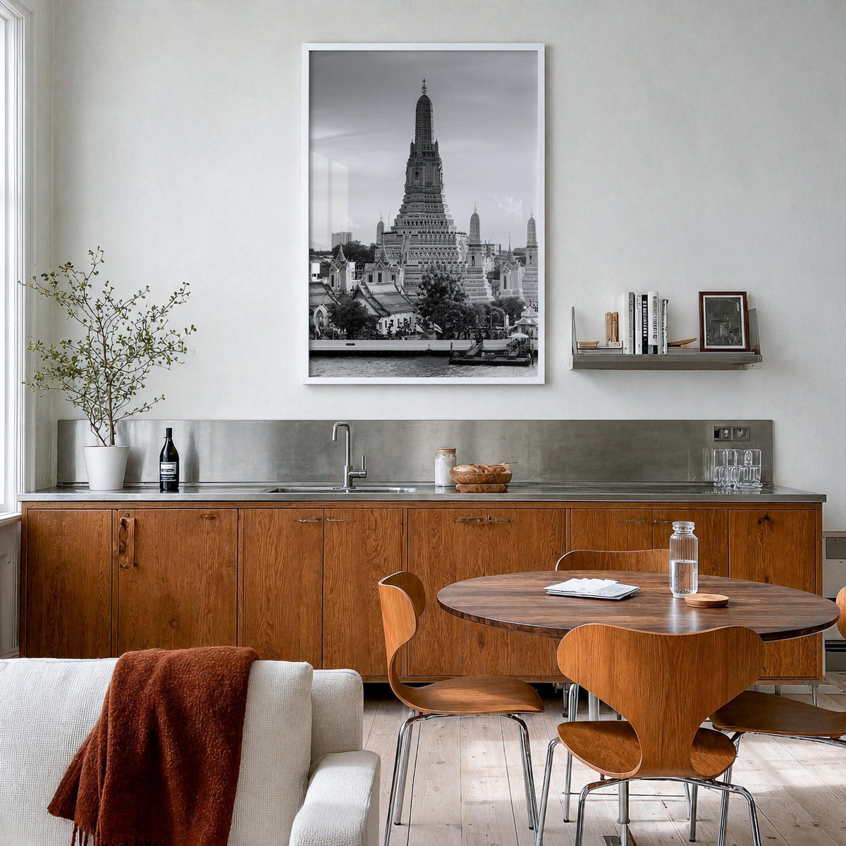 Bangkok black & white photo poster of Thailand – vertical wall art in white wood frame, hanging on wall