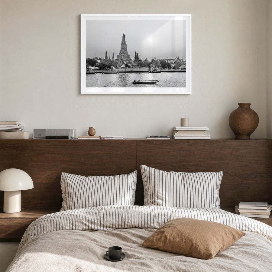 Bangkok Photo Poster in a white wood frame, hanging in a bedroom, white border