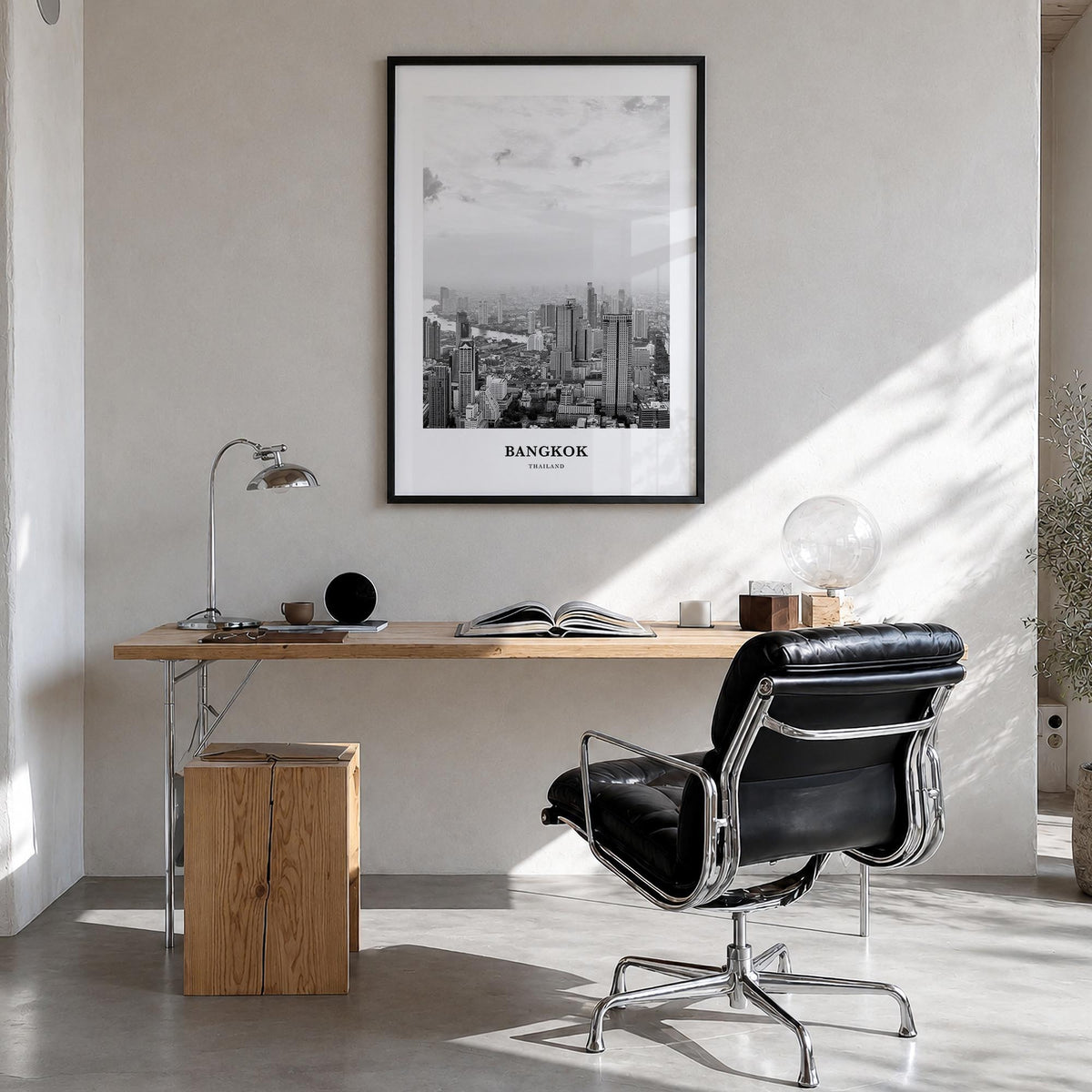 Bangkok no. 1 black & white classic poster of Thailand – vertical wall art in black wood frame, hanging on wall