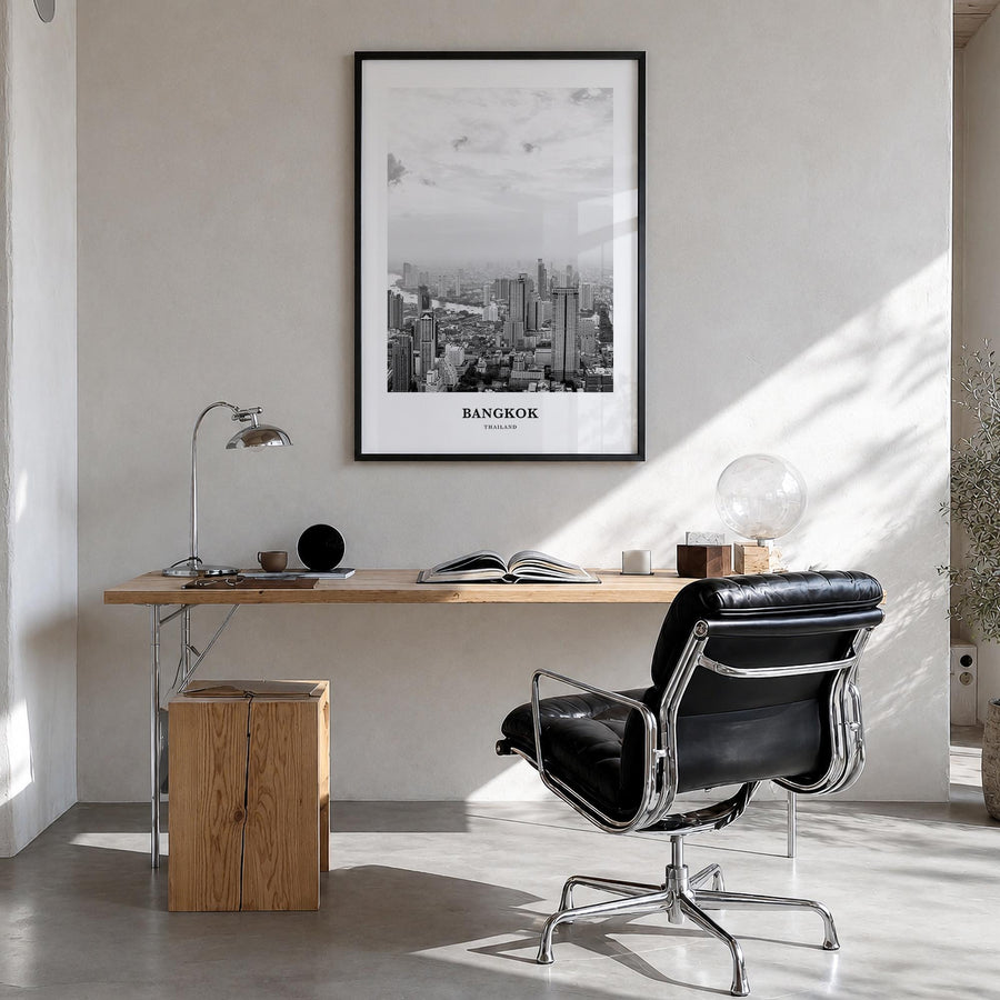 Bangkok no. 1 black & white classic poster of Thailand – vertical wall art in black wood frame, hanging on wall
