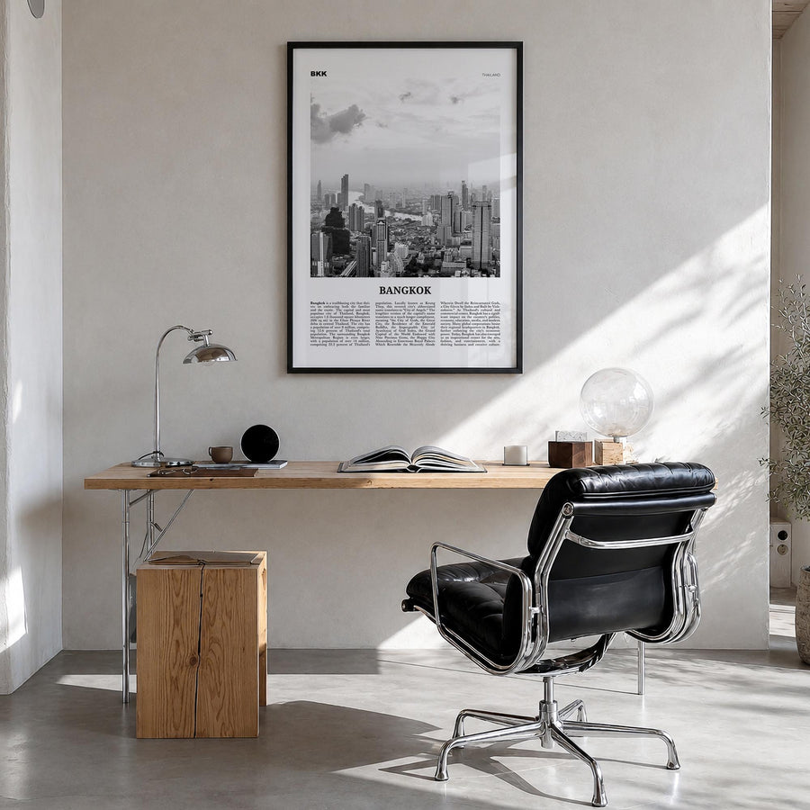 Bangkok no. 2 black & white newspaper poster of Thailand – vertical wall art in black wood frame, hanging on wall