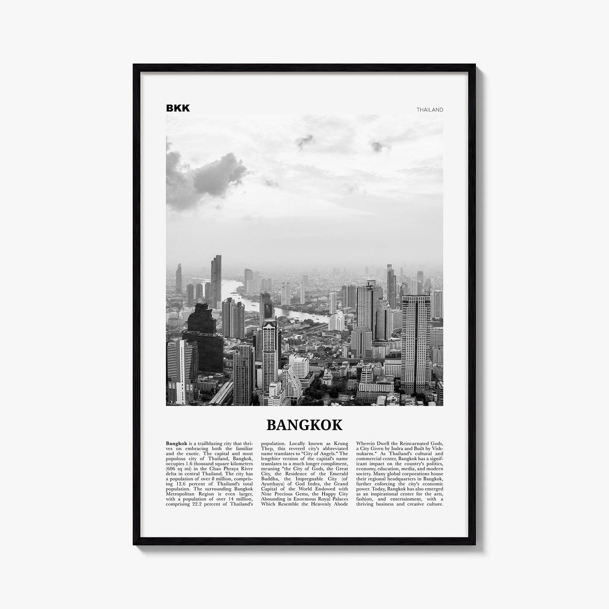 Bangkok no. 2 black & white newspaper poster of Thailand – vertical wall art, unframed print shown in interior mockup