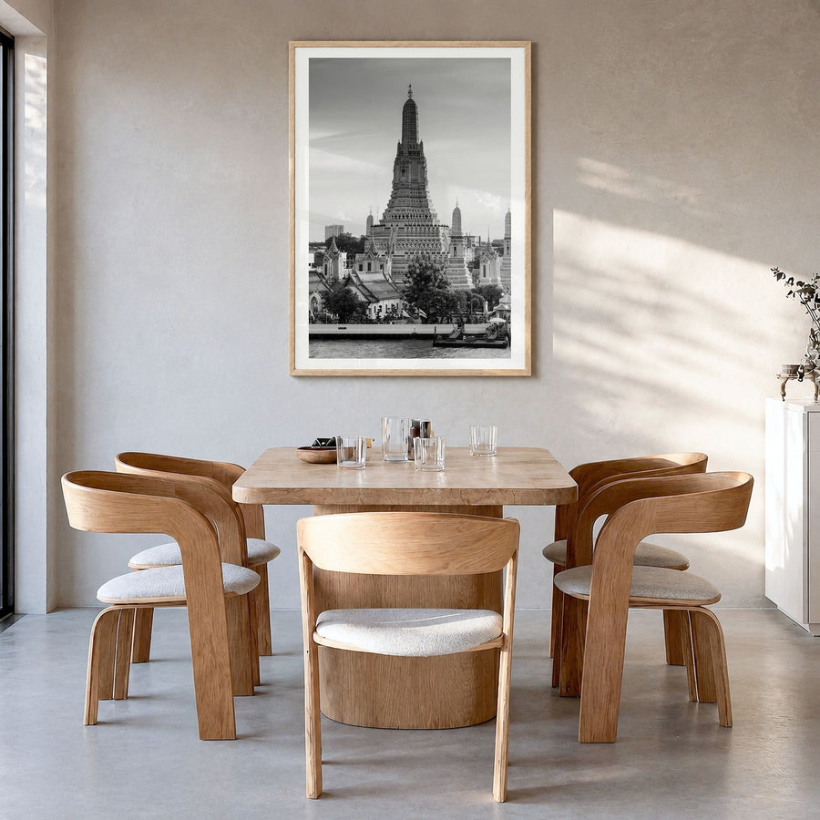 Bangkok Photo Poster in a natural wood frame, hanging in a dining room, white border