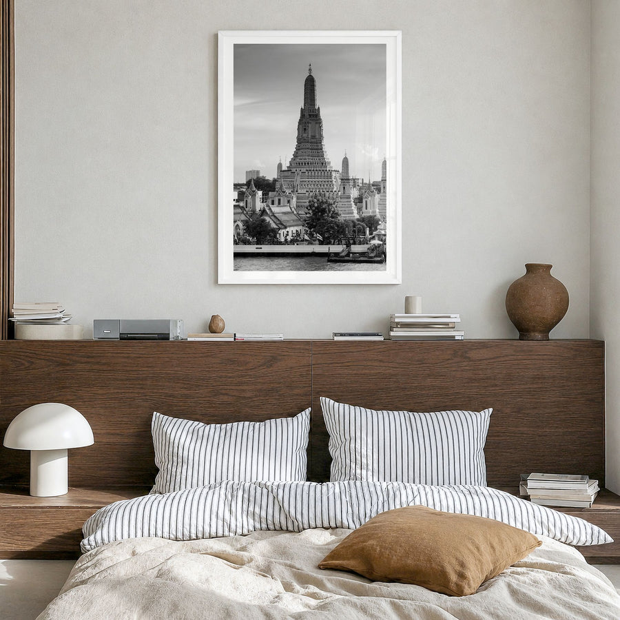 Bangkok Photo Poster in a white wood frame, hanging in a bedroom, white border