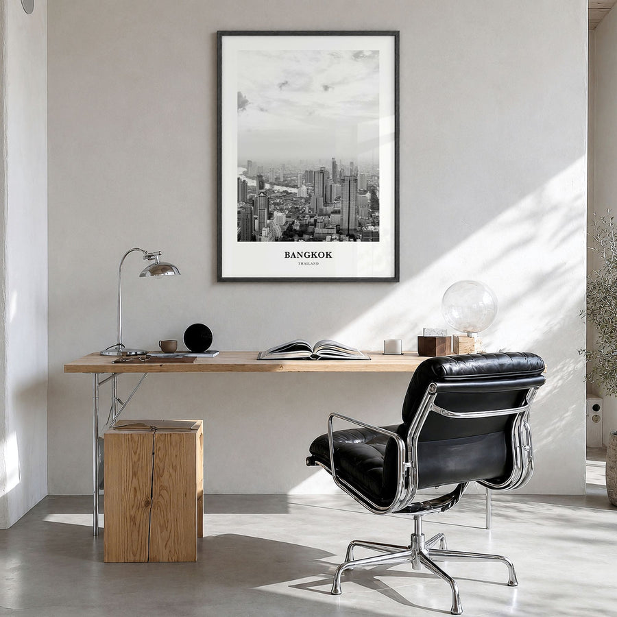 Bangkok Classic No 1 Poster in a black wood frame, hanging in a bright home office