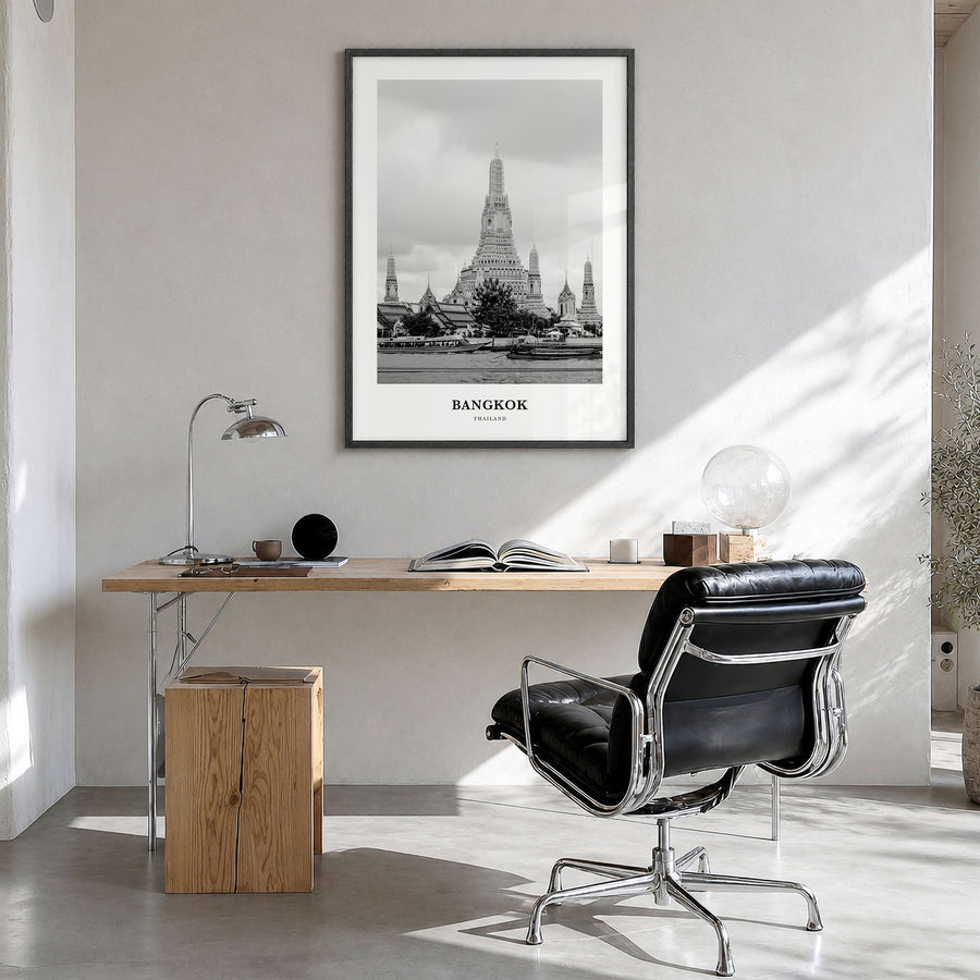 Bangkok Classic No 2 Poster in a black wood frame, hanging in a bright home office