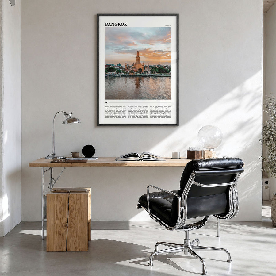 Bangkok Travel Poster in a black wood frame, hanging in a bright home office