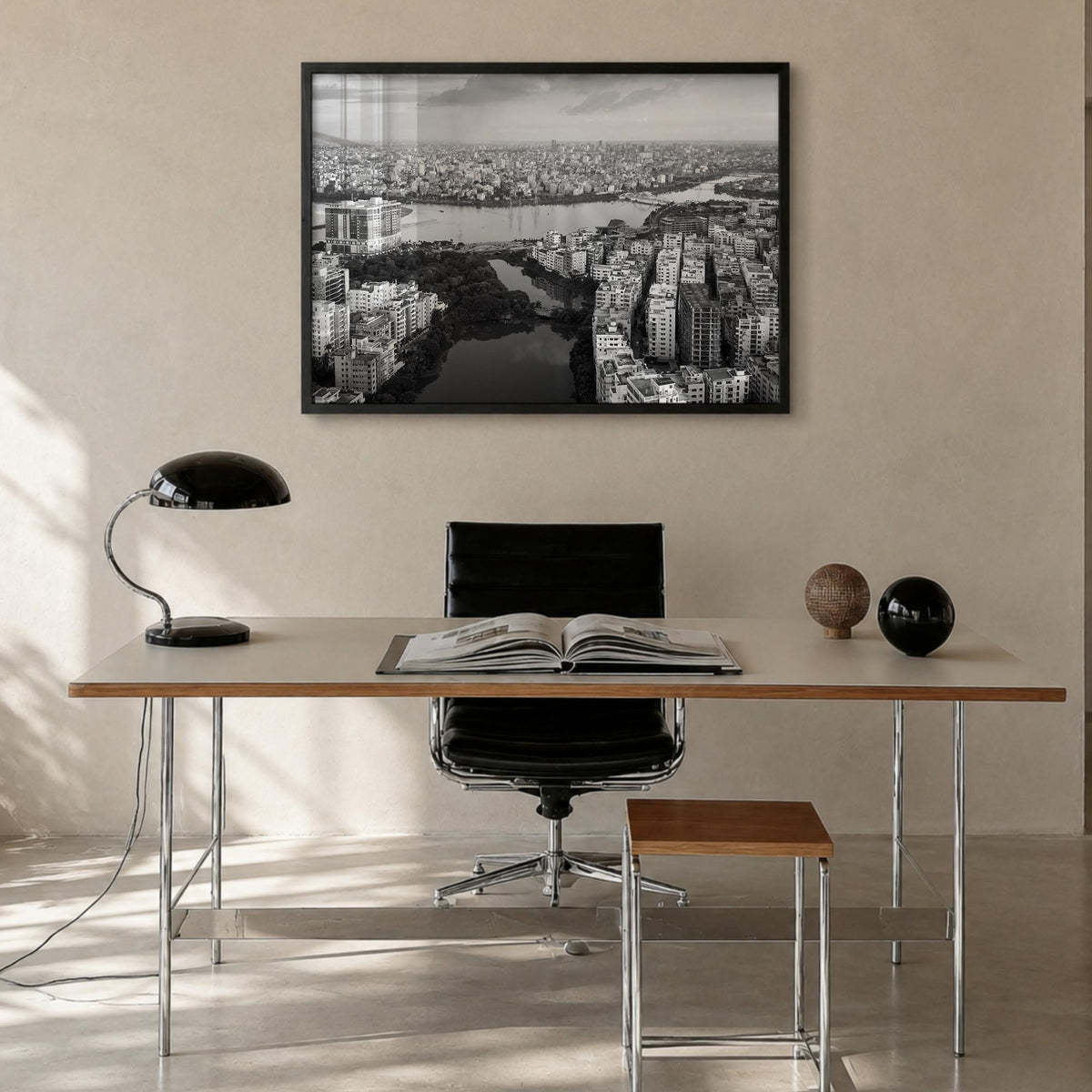 Bangladesh black & white photo poster of Asia – horizontal wall art in black wood frame, hanging on wall